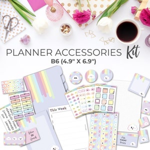 Kit de acessórios para planejador de nuvem arco-íris para impressão B6 | Divisores de planejador, inserções, adesivos, marcadores, blocos de notas, cartões de registro no diário