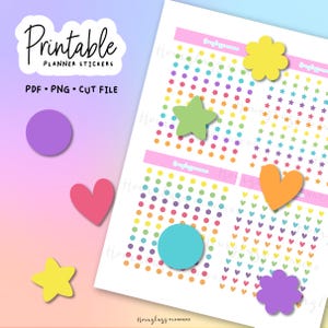 May include: A digital sheet of printable planner stickers featuring rows of tiny colorful dots, hearts, and stars. The sheet includes larger die-cut shapes in yellow, green, orange, blue, and purple. Text reads Printable Planner Stickers PDF PNG CUT FILE.