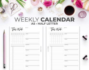 Week on One Page Planner Inserts A5 & Half Letter | Printable Undated Minimal Weekly Planner On 1 Page with Mini Calendar