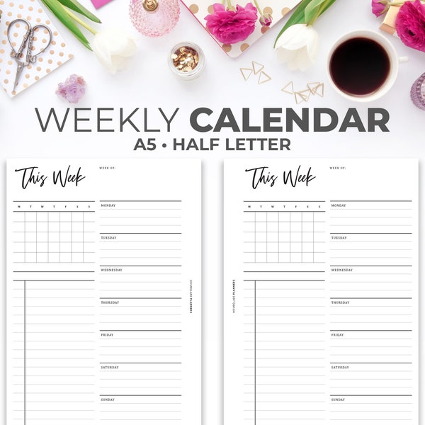 Week on One Page Planner Inserts A5 & Half Letter | Printable Undated Minimal Weekly Planner On 1 Page with Mini Calendar