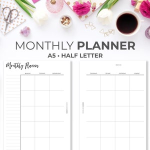 Planificador mensual en dos páginas Insertar A5 y media letra / Calendario mínimo imprimible sin fecha Insertar en 2 páginas