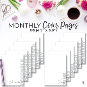 May include: A set of 12 printable monthly cover pages in gray and white, designed for a B6 size planner (4.9 inches by 6.9 inches). Each page features a month name in a vertical, stacked format.