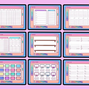 May include: Nine digital planner templates with a retro computer aesthetic. Each template, framed in blue, features a pink background and a variety of layouts for tracking workouts, meal plans, cleaning, and more. The designs include colorful accents.