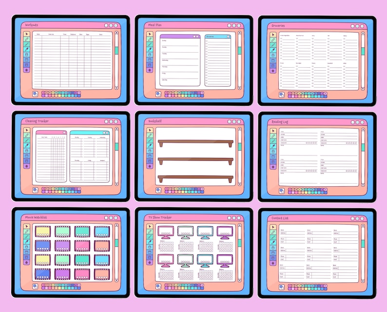 May include: Nine digital planner templates with a retro computer aesthetic. Each template, framed in blue, features a pink background and a variety of layouts for tracking workouts, meal plans, cleaning, and more. The designs include colorful accents.