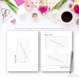 May include: Two white weekly schedule planner pages with the text "Weekly Schedule" and "Example". The pages are on a white surface with a pen, flowers, and decorative items.