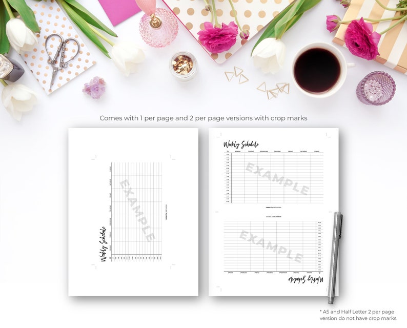 May include: Two white weekly schedule planner pages with the text "Weekly Schedule" and "Example". The pages are on a white surface with a pen, flowers, and decorative items.