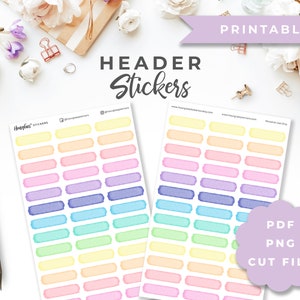 May include: Printable header stickers with a watercolour design in pastel colours. The stickers are rectangular and have rounded corners. The stickers are arranged in rows of six. The text "Printable" is in purple text on a light purple background. The text "Header Stickers" is in black text on a white background. The text "PDF PNG CUT FILE" is in black text on a light purple background.