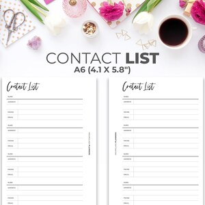 May include: Two printable contact list pages in A6 size (4.1 x 5.8 inches). The pages are white with black text and lines for writing names, addresses, phone numbers, and emails.