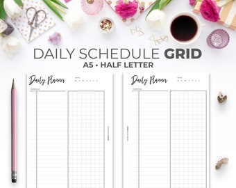 Daily Planner Inserts Untimed A5 & Half Letter | Printable Minimal Daily Schedule with Grid Section