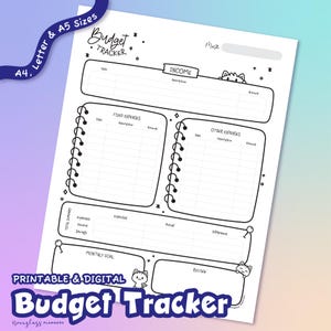 Planificador de presupuesto imprimible con temática de gato kawaii, hoja de presupuesto en blanco y negro (PDF y PNG), bonito planificador financiero tamaño carta (A4, A5)