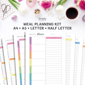 Essensplanung Insert Kit | A4, A5, Letter, halbe Größe druckbare Regenbogen Mahlzeit Planner Bundle, Einkaufsliste & Kücheninventar PDF Seiten