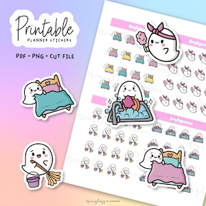 May include: Printable planner stickers featuring cute ghost illustrations. The stickers include ghosts in bed, cleaning, and enjoying cotton candy. The text on the image says "Printable Planner Stickers PDF PNG CUT FILE".