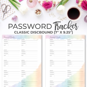 May include: A watercolor-style password tracker with a rainbow gradient background. The tracker is designed for classic discbound notebooks and measures 7 inches by 9.25 inches. The pages are divided into sections for website, username, password, and notes.