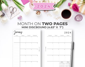 2024 Monthly Planner on 2 Pages Inserts for Mini Happy Planner | 2024 Minimal Printable Monthly Calendar Insert with Mini Calendar