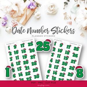 Printable Santa Hat Date Number Planner Stickers - Large (A05L)