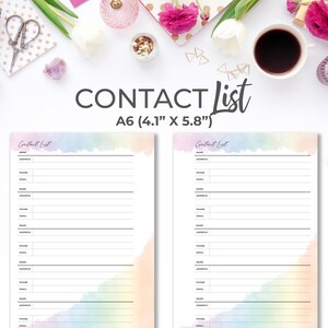 May include: Two printable contact list pages in A6 size (4.1" x 5.8"). The pages have a watercolor background with a rainbow gradient. Each page has a title "Contact List" and space for 10 names, addresses, phone numbers, and emails.