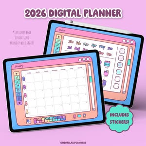 May include: Two digital planners in a pink and blue design. The text "2026 DIGITAL PLANNER" is at the top. One planner displays a January calendar, and the other shows an index. The image includes the text "INCLUDES STICKERS!"