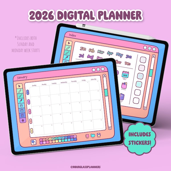 Agenda digital en formato PDF con diseño de paisaje y fechas hasta 2026; agenda estilo programa de pintura con hipervínculos para iPad y tabletas.