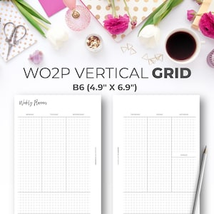 May include: A printable weekly planner with a vertical grid layout. The planner is designed for B6 size paper, which is 4.9 inches by 6.9 inches. The planner has a simple design with black grid lines and white background.