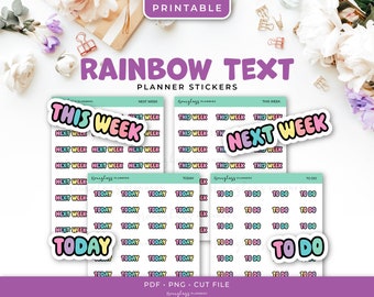 Printable Rainbow Text Planner Stickers - This Week, Next Week, To Do, Today - Instant Download