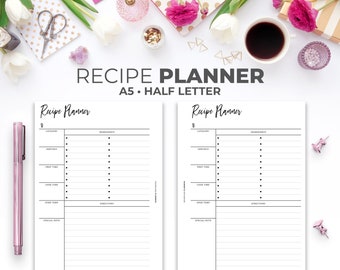 May include: Two printable recipe planner pages in black and white. The pages are titled "Recipe Planner" and have sections for category, ingredients, servings, prep time, cook time, oven temp, directions, and special notes.