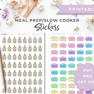 May include: Printable stickers for meal prep and slow cooking. The stickers feature a variety of colorful designs, including cutting boards and slow cookers. The text "Printable" is in a purple banner at the top of the image. The text "Meal Prep/Slow Cooker Stickers" is in a white banner at the top of the image. The text "PDF PNG CUT FILE" is in a purple circle at the bottom right of the image.
