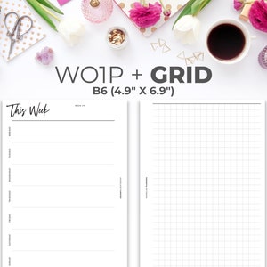 B6 Weekly on One Page With Grid Insert | Minimal Printable Hobonichi Weeks Style Planner Pages