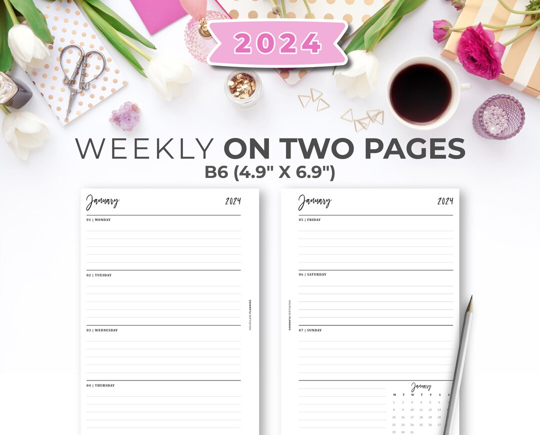 2024 Week on 2 Page Planner B6 Printable Insert Dated Minimal Weekly on ...