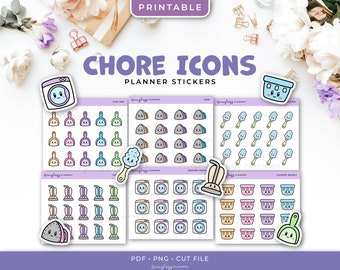 Printable Cleaning Chore Stickers - Clothes Iron, Duster, Dust Pan, Laundry Basket, Vacuum, Washing Machine Planner Stickers