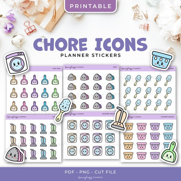 Printable Cleaning Chore Stickers - Clothes Iron, Duster, Dust Pan, Laundry Basket, Vacuum, Washing Machine Planner Stickers