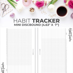May include: A black and white habit tracker printable with the text "Habit Tracker" and "Mini Discbound (4.63" x 7")".