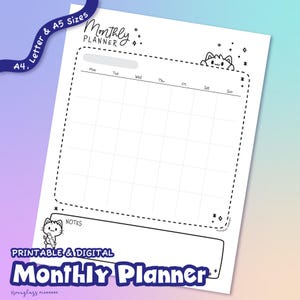 Planificador mensual de gato kawaii (PDF), adorable calendario imprimible y digital, planificador mensual de 1 página, tamaño carta A4/A5.