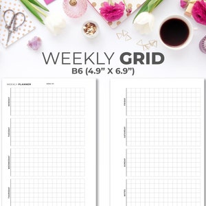 May include: A black and white weekly planner grid printable in B6 size (4.9" x 6.9"). The planner has a grid layout for each day of the week, Monday through Sunday, with a notes section at the bottom.