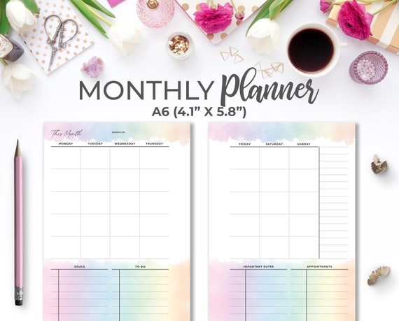 Monthly Planner Printable A6 Inserts Rainbow A6 Printable | Etsy