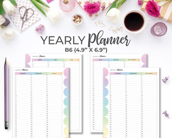 Yearly Planner B6 Inserts | Rainbow Printable Undated Yearly Overview Planning Pages