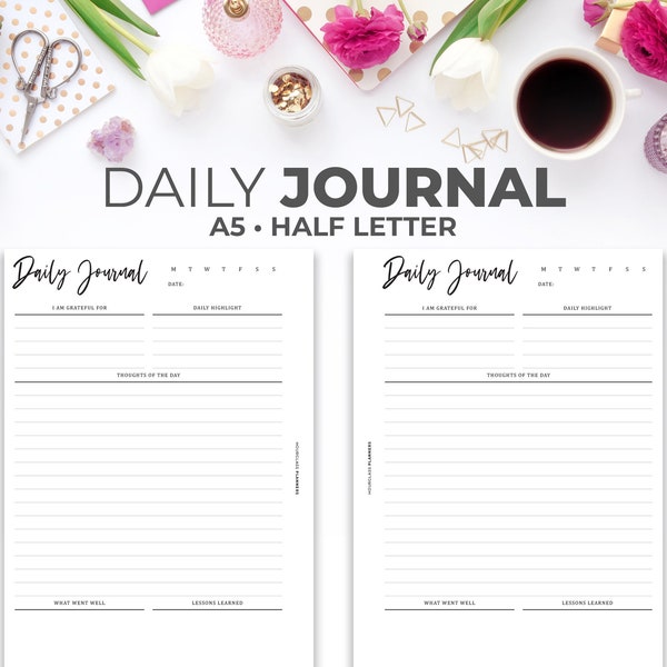 Daily Journal Insert A5 & Half Letter | Printable Minimal Daily Diary Planner Pages
