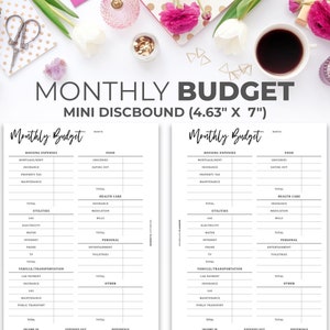 May include: Two printable monthly budget pages with black text on white paper. The pages are titled "Monthly Budget" and include categories for housing expenses, food, health care, utilities, personal, vehicle/transportation, and other. The pages are designed to be used with a mini discbound notebook.