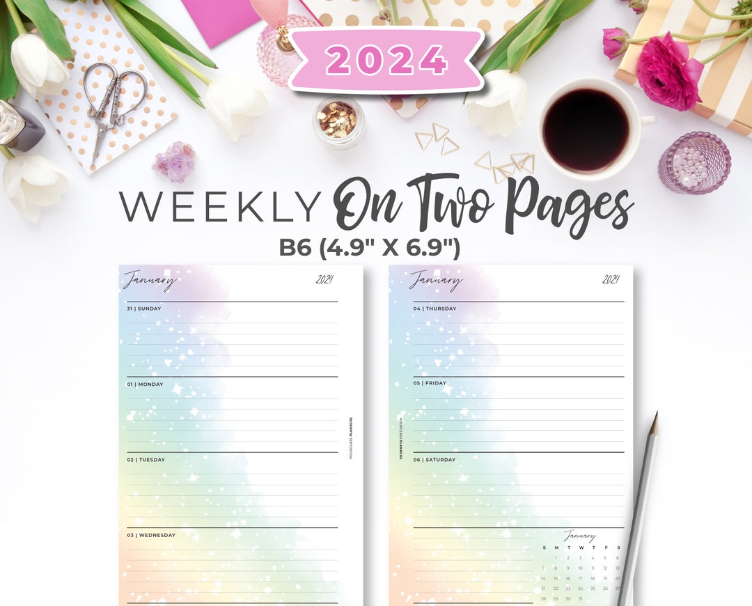 B6 2024 Week on 2 Page Planner Printable Insert Dated Rainbow Weekly on ...