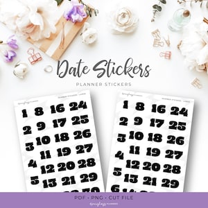 Printable Black Date Number Planner Stickers - Large (A08L)