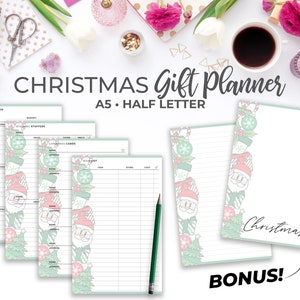 May include: A Christmas gift planner printable in A5 size with a festive design featuring Santa Claus, candy canes, and Christmas trees. The planner includes sections for gift ideas, stocking stuffers, and Christmas cards.