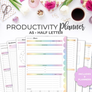 Paquete de planificador de productividad inserta A5 & Half Letter / Rainbow Project y Goal Planner Pages Kit