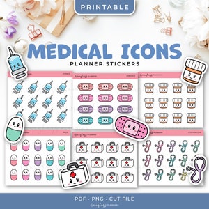 Naklejki do wydrukowania Kawaii Medical Planner - Strzykawka, Butelka z lekiem, Zestaw pierwszej pomocy, Tabletki, Bandaż, Stetoskop, Natychmiastowe pobranie