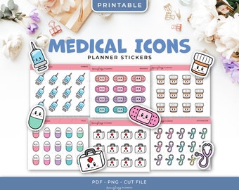 Printable Kawaii Medical Planner Stickers - Syringe, Medication Bottle, First Aid Kit, Pills, Bandage, Stethoscope, Instant Download