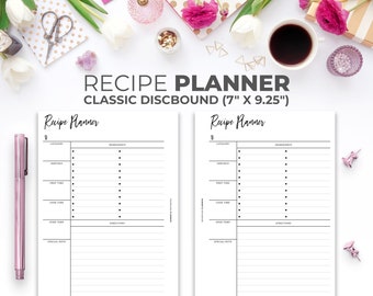 Recipe Planner Insert for Classic Happy Planner | Minimal Printable Recipe Card Planner Pages Classic Discbound 7" X 9.25"