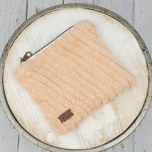 Upcycled Vintage Chenille Peach Zip Pouch Gift for Daughter, Small Zipper Pouch, Zipper Coin Purse, Mini Travel Pouch MakeUp Bag for Women