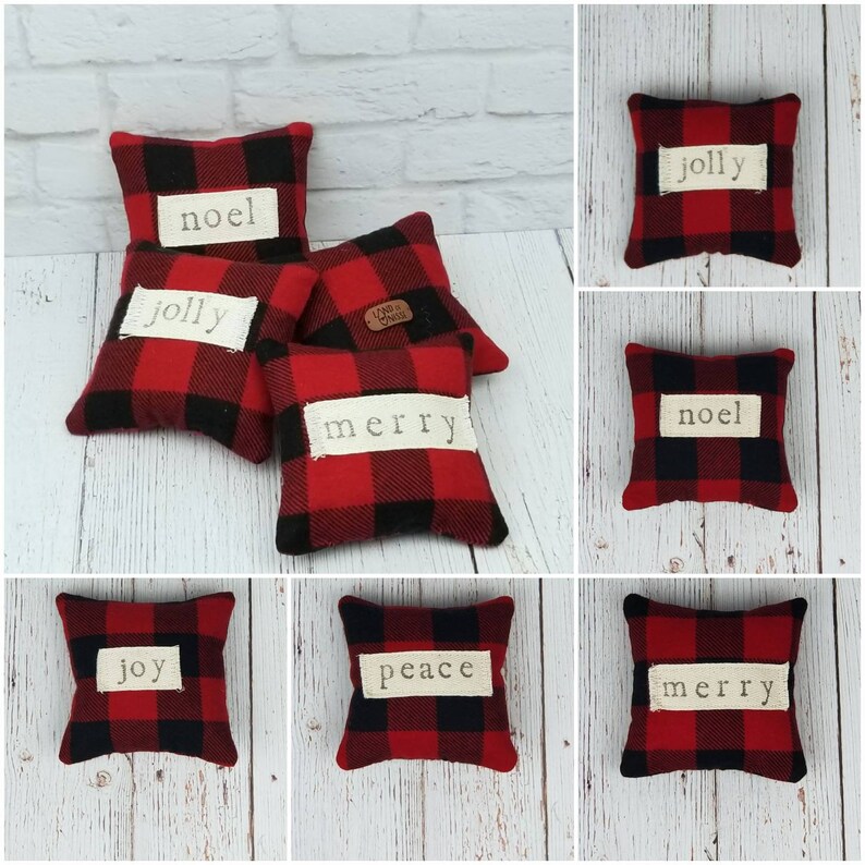 Miniature Pillows for Tiered Tray Decor, Red and Black Buffalo Plaid Christmas Pillows, Scandinavian Style Nordic Christmas Gift, Hygge 