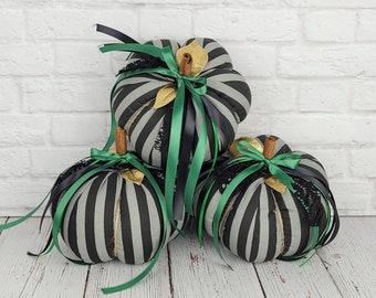 Fabric Pumpkin for Halloween Centerpiece, Striped Pumpkin, Emerald Green Home Decor, Handmade Pumpkin for Halloween Mantel, Hostess Gift