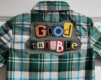 GOOD TROUBLE Resistance Plaid Toddler Shirt, Sz 18 mo, Button Down Dress Shirt, Ransom Letters, Upcycled Clothing, Fight for Democracy