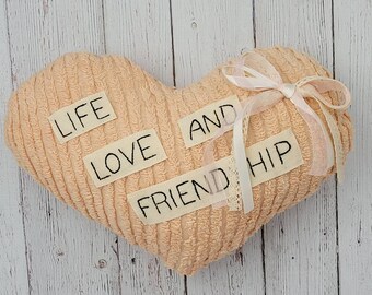 Vintage Chenille Pillows, Large Heart Pillow for Peach Bedroom Decor for Women, Gift for Best Friend Female, Shabby Chic Peach Sofa Pillow