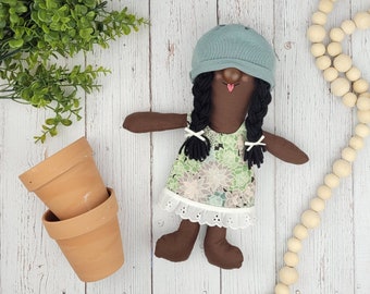 Handmade Black Rag Doll, Garden Gnome Doll Succulent Decor, Stuffed Dolls for Girls, Rag Dolls Handmade Gift for Plant Lover, Black Gardener